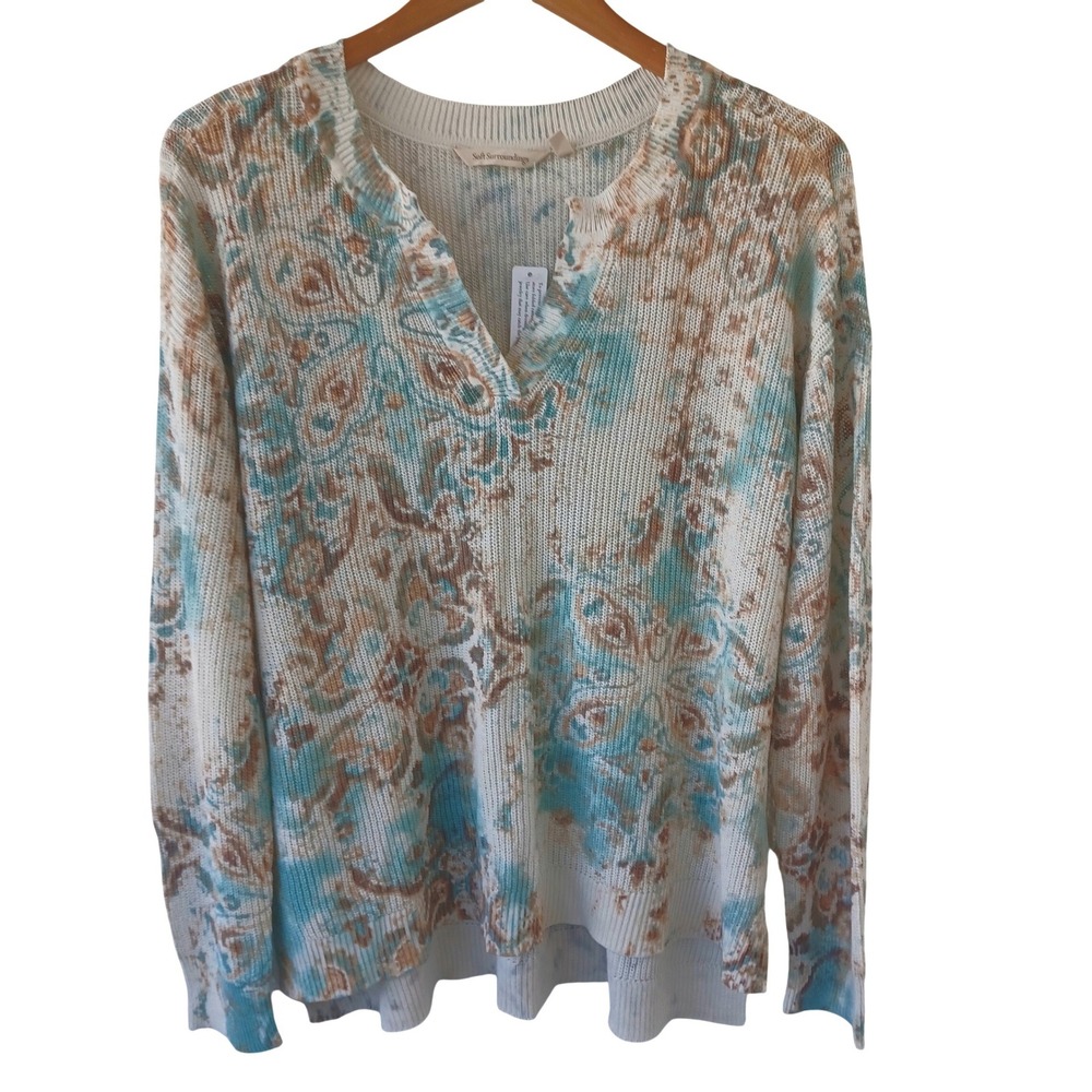 Soft Surroundings Women M Abstract Paisley Split Neck Knit Sweater Turquoise